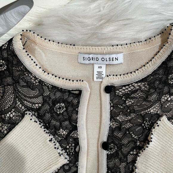 NEW Sigrid Olsen Silk Wool Peplum Flutter Lace Bead Cardigan Sweater Y2K XS NWT - Picture 11 of 16